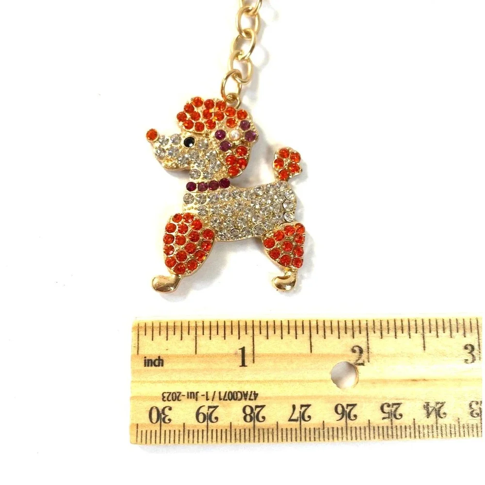 Poodle Rhinestone Charm Keychain Key Holder Orange Multi Gold Tone Metal New